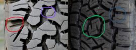 Close-up of BF Goodrich KO2 tire tread showing aggressive shoulder blocks and deep voids, highlighting off-road traction design.