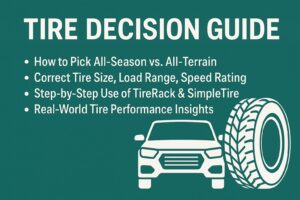 Tire Decision Guide infographic showing SUV and tire icons with bullet points on how to pick tires.