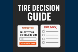 Side-by-side comparison of SimpleTire VIN search and TireRack checkbox filters under a Tire Decision Guide title.